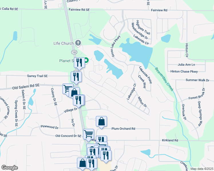 map of restaurants, bars, coffee shops, grocery stores, and more near 225 Colser Drive in Covington