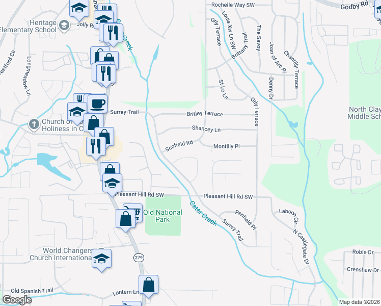 map of restaurants, bars, coffee shops, grocery stores, and more near 5660 Montilly Circle in Atlanta