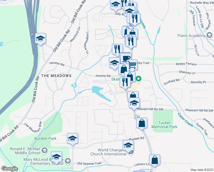 map of restaurants, bars, coffee shops, grocery stores, and more near 714 Camelot Drive in Atlanta