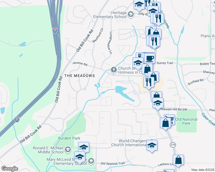 map of restaurants, bars, coffee shops, grocery stores, and more near 5485 Twin Lakes Drive in Atlanta