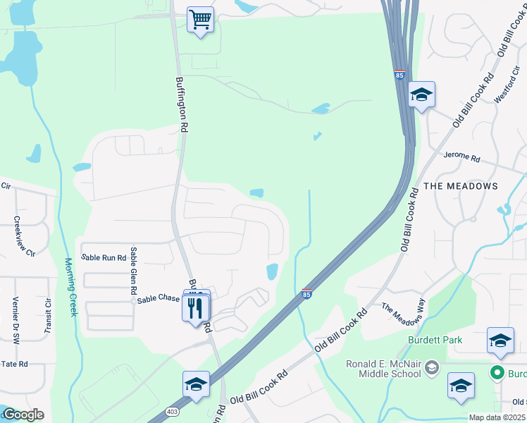 map of restaurants, bars, coffee shops, grocery stores, and more near 3160 Sable Trail in Atlanta