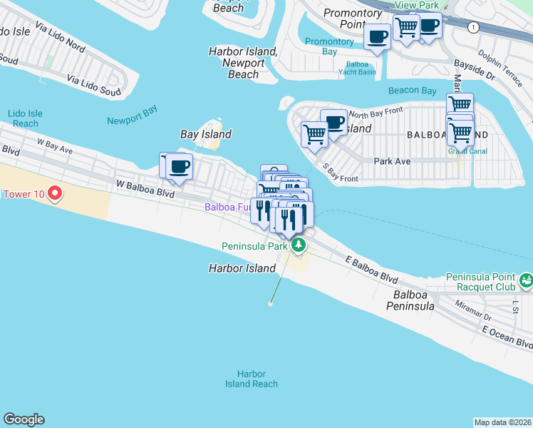 map of restaurants, bars, coffee shops, grocery stores, and more near 206 Adams Street in Newport Beach