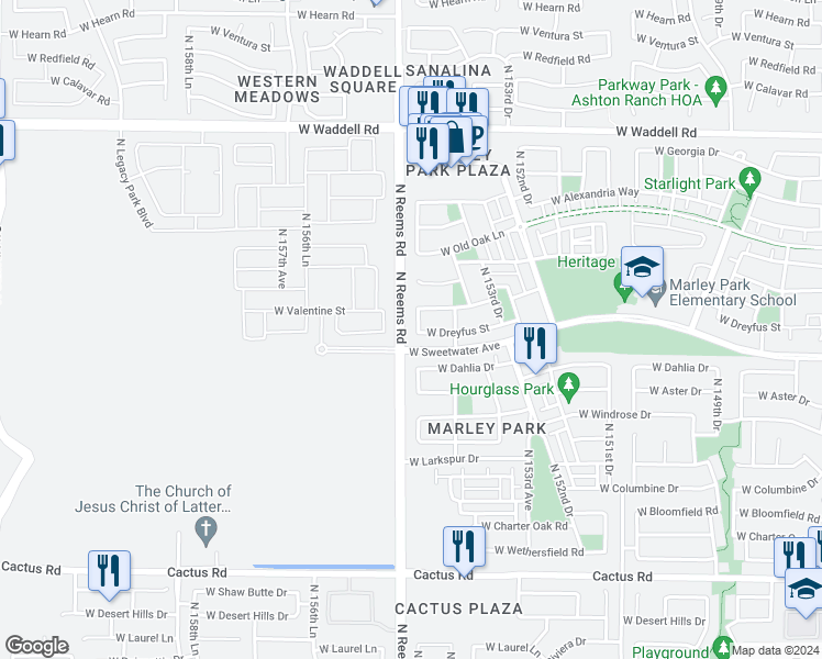 map of restaurants, bars, coffee shops, grocery stores, and more near 13024 North 154th Lane in Surprise