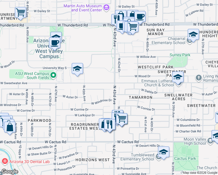 map of restaurants, bars, coffee shops, grocery stores, and more near 4310 West Dahlia Drive in Glendale