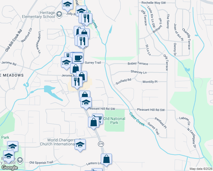 map of restaurants, bars, coffee shops, grocery stores, and more near 5265 Willow Park Boulevard in College Park