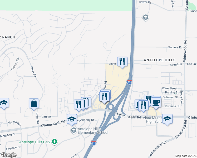 map of restaurants, bars, coffee shops, grocery stores, and more near 27692 Bluebell Court in Murrieta