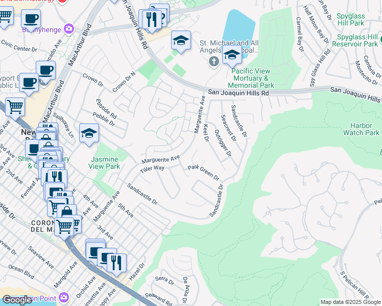 map of restaurants, bars, coffee shops, grocery stores, and more near 1219 Sand Key in Newport Beach