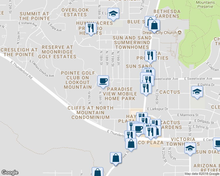 map of restaurants, bars, coffee shops, grocery stores, and more near 12821 North 18th Place in Phoenix