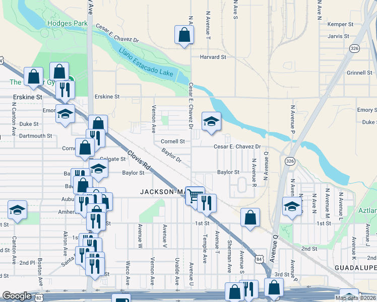 map of restaurants, bars, coffee shops, grocery stores, and more near 2102 Colgate Street in Lubbock