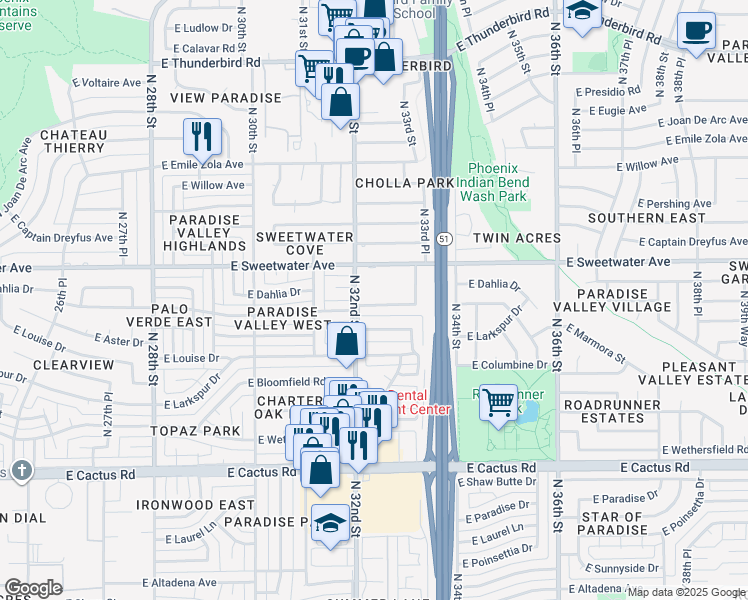 map of restaurants, bars, coffee shops, grocery stores, and more near 3216 East Windrose Drive in Phoenix