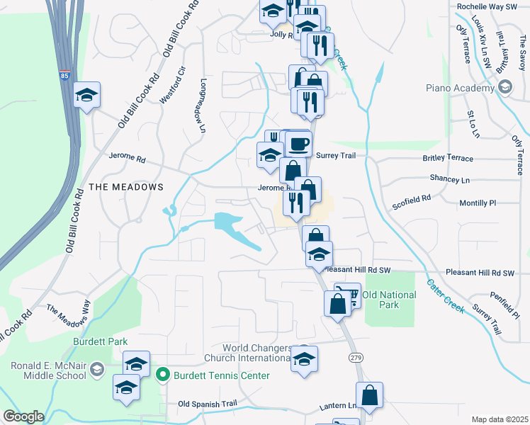 map of restaurants, bars, coffee shops, grocery stores, and more near 116 Camelot Drive in College Park