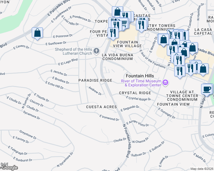 map of restaurants, bars, coffee shops, grocery stores, and more near North Fountain Hills Boulevard in Fountain Hills