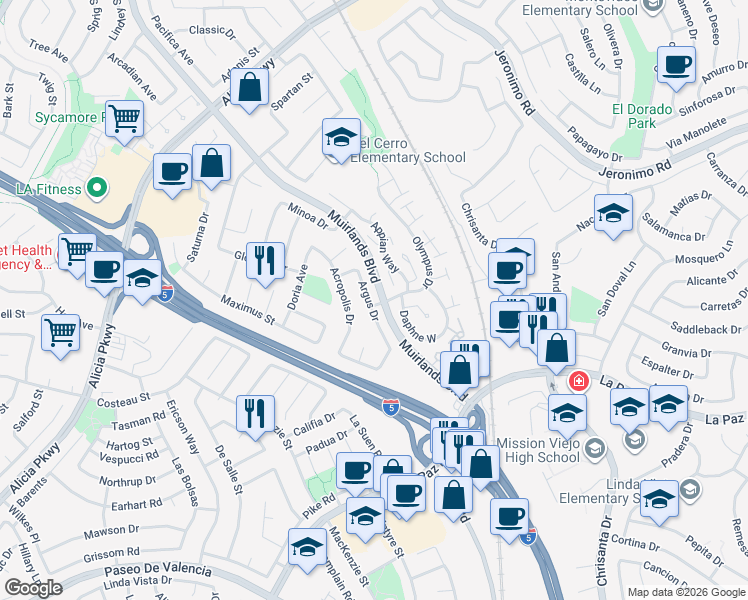 map of restaurants, bars, coffee shops, grocery stores, and more near 24742 Argus Drive in Mission Viejo