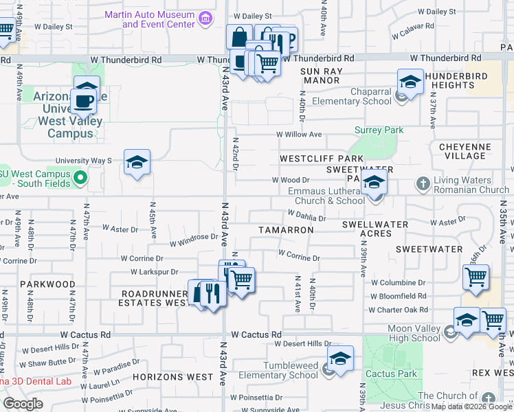 map of restaurants, bars, coffee shops, grocery stores, and more near 4132 West Dahlia Drive in Phoenix