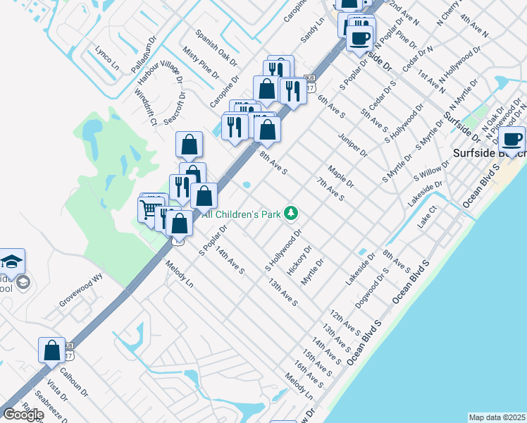 map of restaurants, bars, coffee shops, grocery stores, and more near 1009 Bay Drive in Surfside Beach