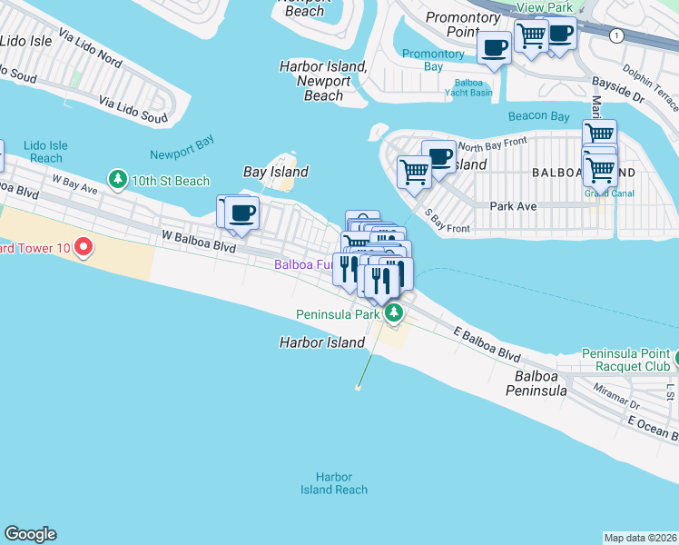 map of restaurants, bars, coffee shops, grocery stores, and more near 204 Adams Street in Newport Beach