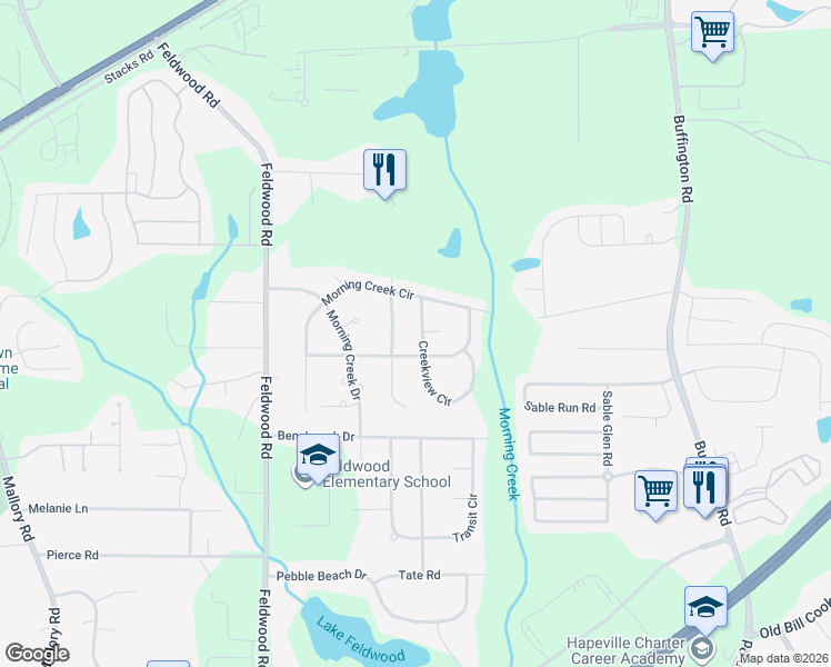 map of restaurants, bars, coffee shops, grocery stores, and more near 3800 Creekview Circle in College Park