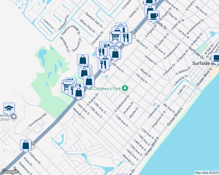 map of restaurants, bars, coffee shops, grocery stores, and more near 1009 Bay Drive in Surfside Beach