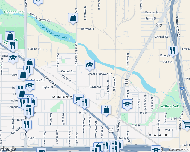 map of restaurants, bars, coffee shops, grocery stores, and more near 321 North Sherman Avenue in Lubbock