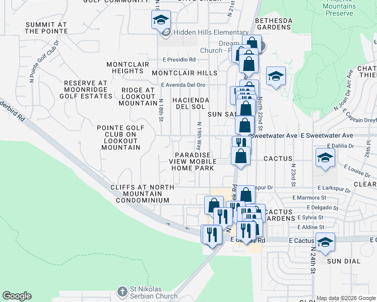 map of restaurants, bars, coffee shops, grocery stores, and more near 12818 North 19th Place in Phoenix