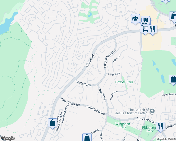map of restaurants, bars, coffee shops, grocery stores, and more near 45 Night Heron Lane in Aliso Viejo