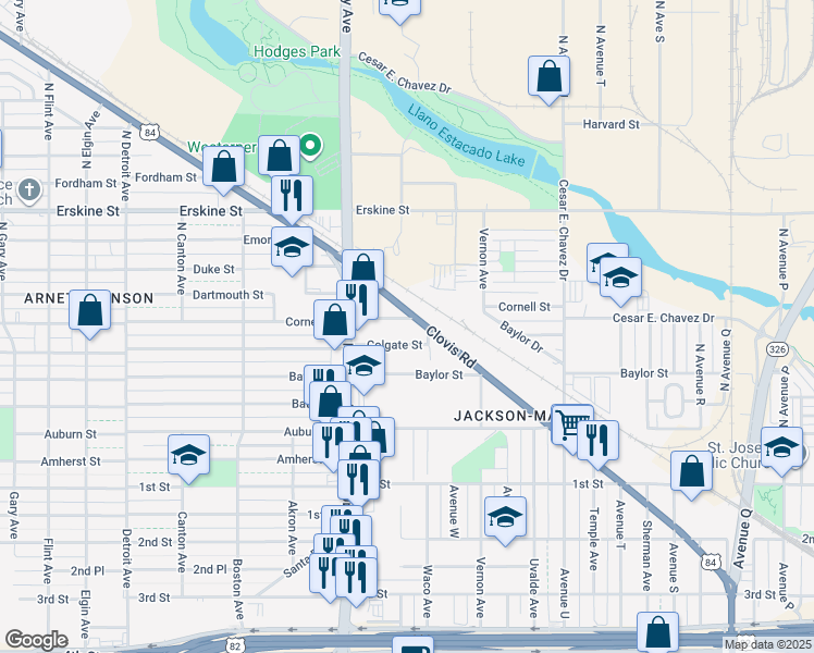 map of restaurants, bars, coffee shops, grocery stores, and more near 2322 Colgate Street in Lubbock
