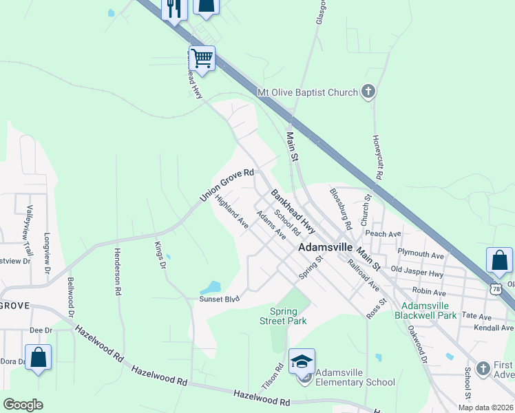 map of restaurants, bars, coffee shops, grocery stores, and more near 5317 Adams Avenue in Adamsville