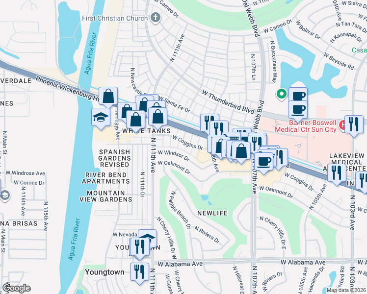 map of restaurants, bars, coffee shops, grocery stores, and more near 10927 West Coggins Drive in Sun City