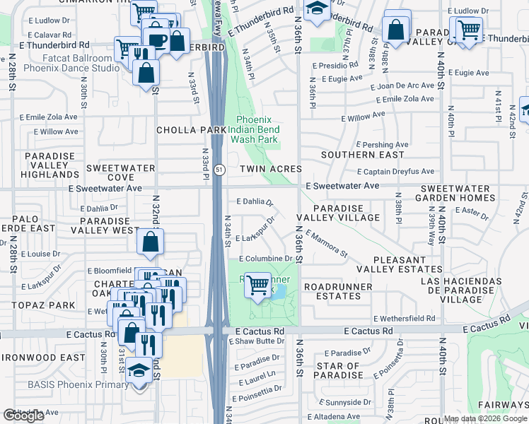 map of restaurants, bars, coffee shops, grocery stores, and more near 3460 East Windrose Drive in Phoenix