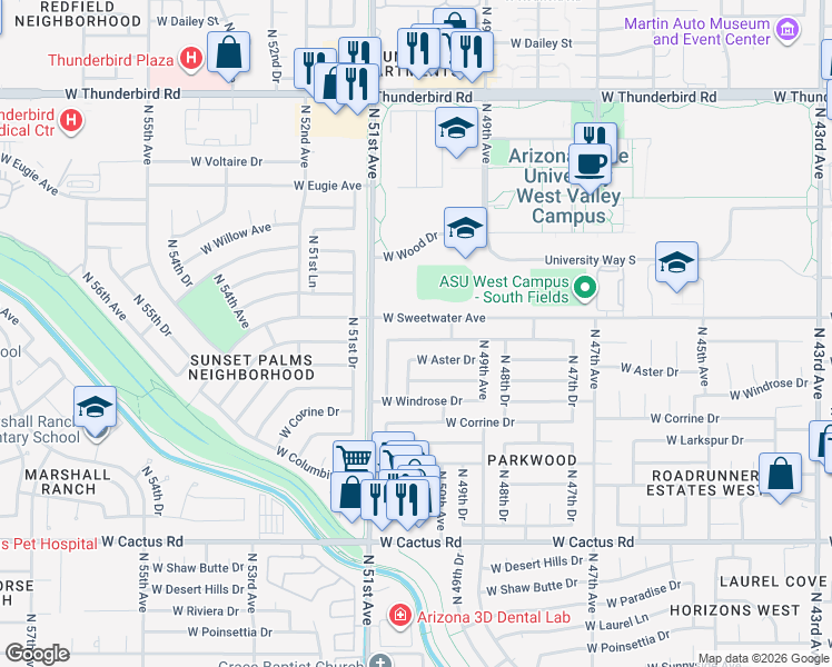 map of restaurants, bars, coffee shops, grocery stores, and more near 5018 West Dahlia Drive in Glendale