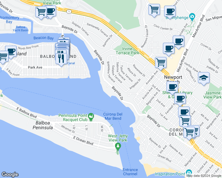 map of restaurants, bars, coffee shops, grocery stores, and more near 1927 Bayside Drive in Newport Beach