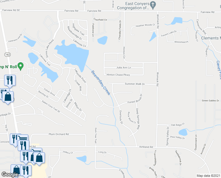 map of restaurants, bars, coffee shops, grocery stores, and more near 285 Overlook Drive in Covington