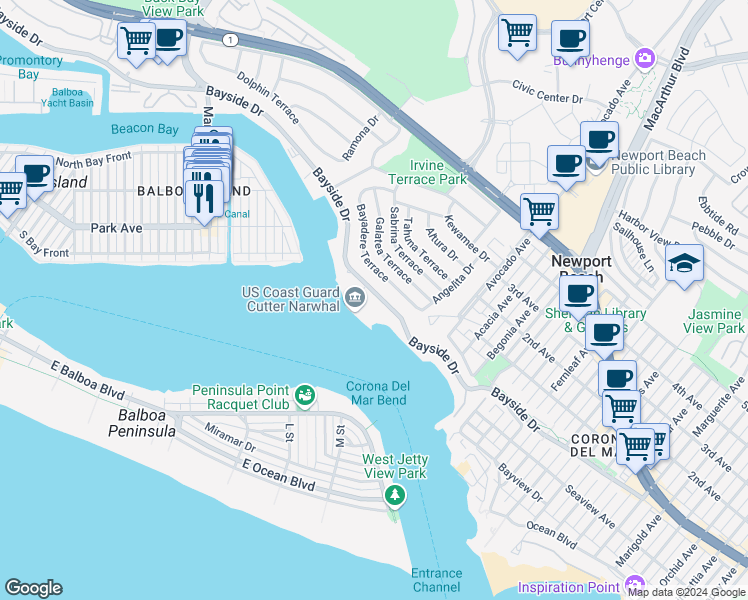 map of restaurants, bars, coffee shops, grocery stores, and more near 1927 Bayside Drive in Newport Beach