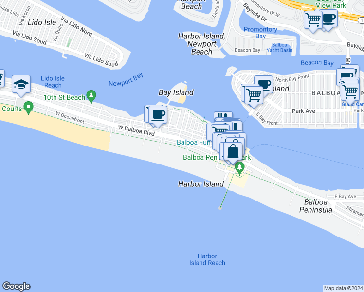 map of restaurants, bars, coffee shops, grocery stores, and more near 208 East Oceanfront in Newport Beach