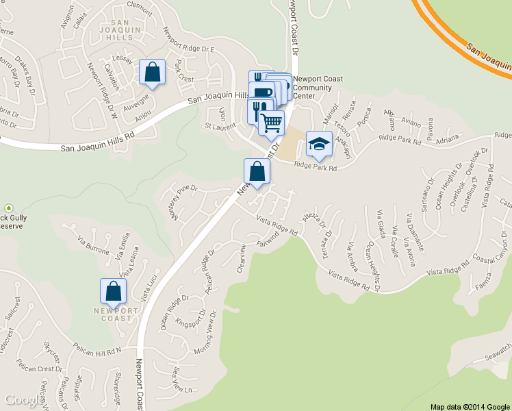 map of restaurants, bars, coffee shops, grocery stores, and more near 16 Tranto Drive in Newport Beach
