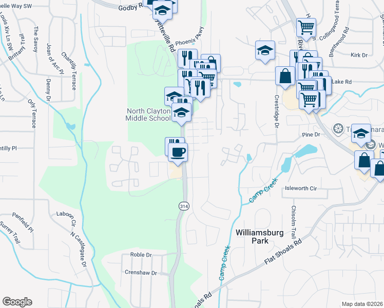 map of restaurants, bars, coffee shops, grocery stores, and more near 5589 Grande River Road in Atlanta