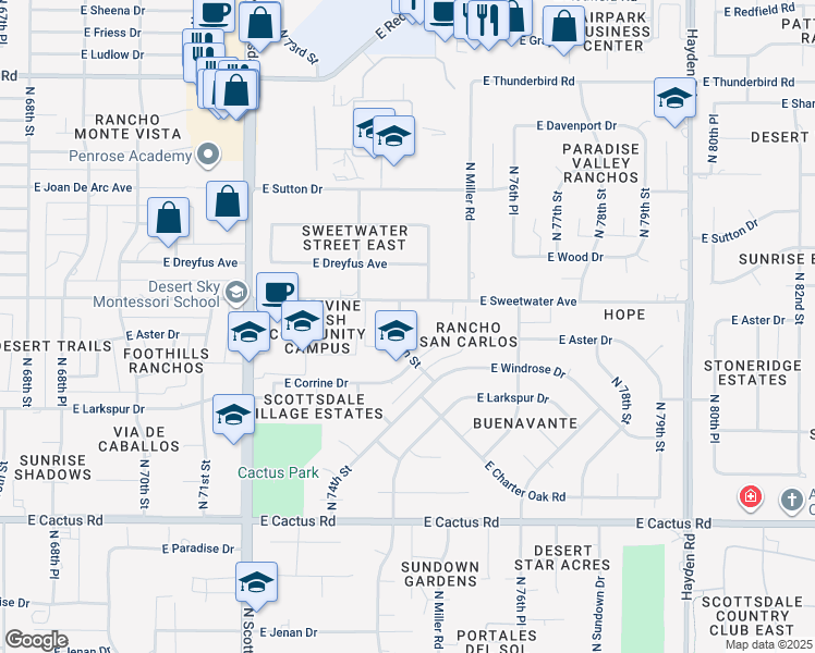 map of restaurants, bars, coffee shops, grocery stores, and more near 12917 North 75th Street in Scottsdale