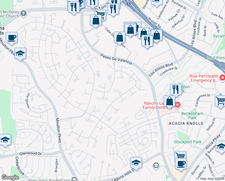 map of restaurants, bars, coffee shops, grocery stores, and more near 228 Avenida Majorca in Laguna Woods