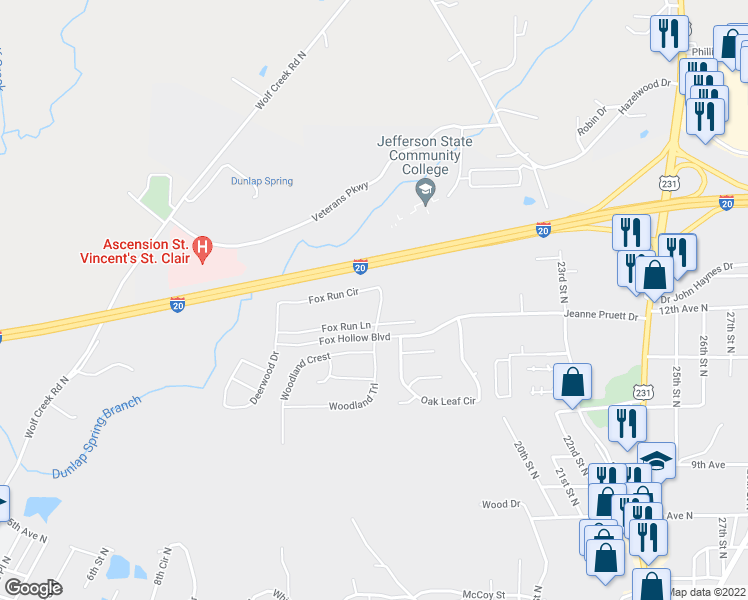 map of restaurants, bars, coffee shops, grocery stores, and more near 606 Fox Run Circle in Pell City