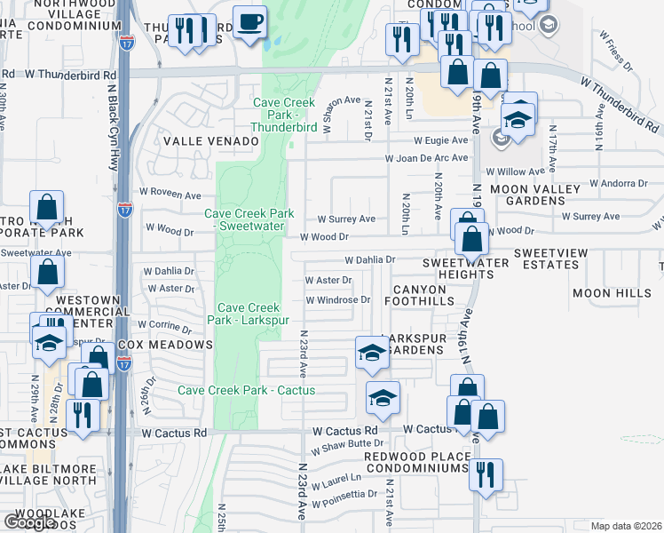map of restaurants, bars, coffee shops, grocery stores, and more near 2233 West Dahlia Drive in Phoenix