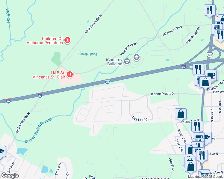 map of restaurants, bars, coffee shops, grocery stores, and more near 548 Fox Run Circle in Pell City