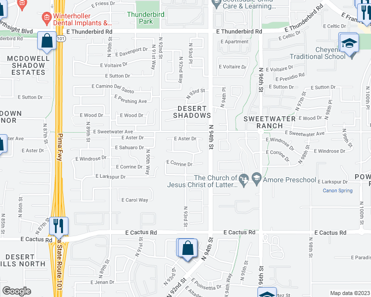 map of restaurants, bars, coffee shops, grocery stores, and more near 9302 East Windrose Drive in Scottsdale