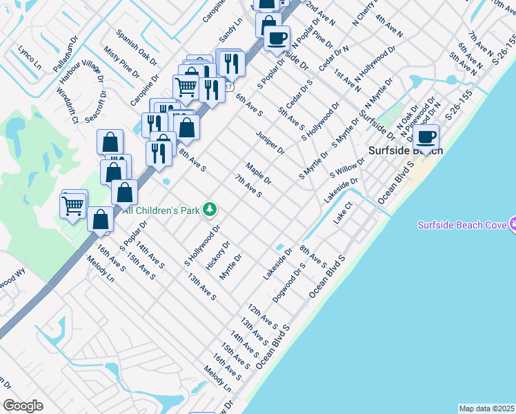 map of restaurants, bars, coffee shops, grocery stores, and more near 514 8th Avenue South in Surfside Beach