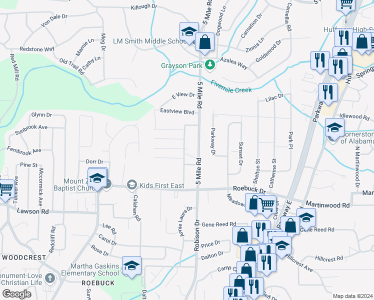 map of restaurants, bars, coffee shops, grocery stores, and more near 921 Elizabeth Drive in Birmingham