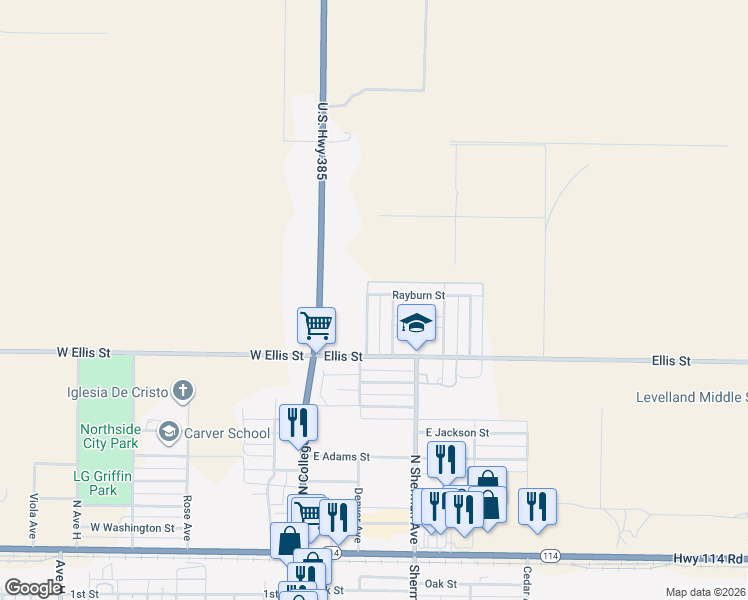 map of restaurants, bars, coffee shops, grocery stores, and more near 819 Denver Avenue in Levelland