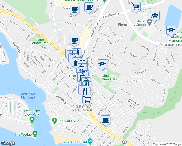 map of restaurants, bars, coffee shops, grocery stores, and more near 2726 Point Del Mar in Newport Beach