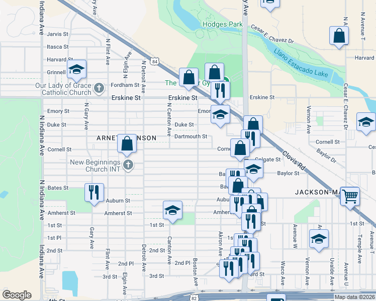 map of restaurants, bars, coffee shops, grocery stores, and more near 2711 Cornell Street in Lubbock
