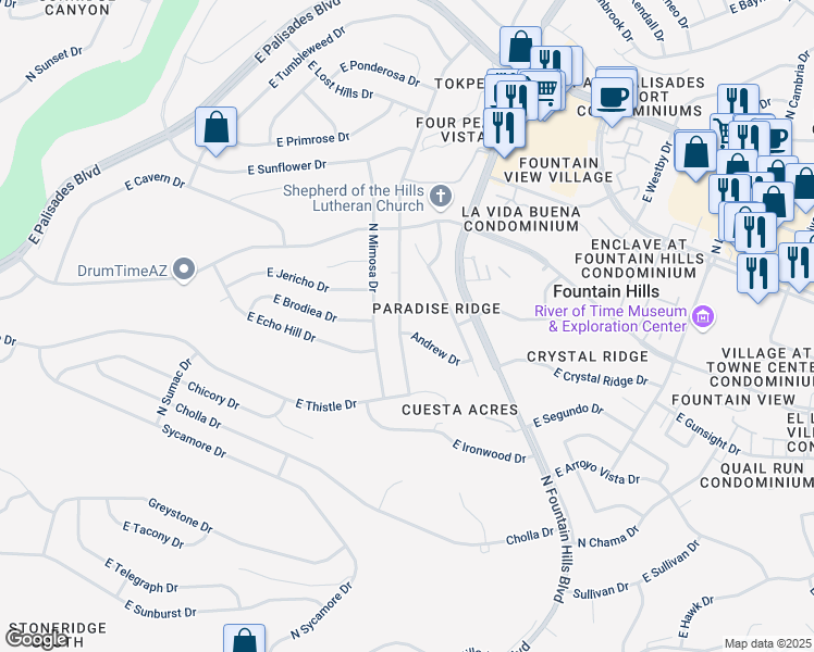 map of restaurants, bars, coffee shops, grocery stores, and more near 16048 Andrew Dr in Fountain Hills