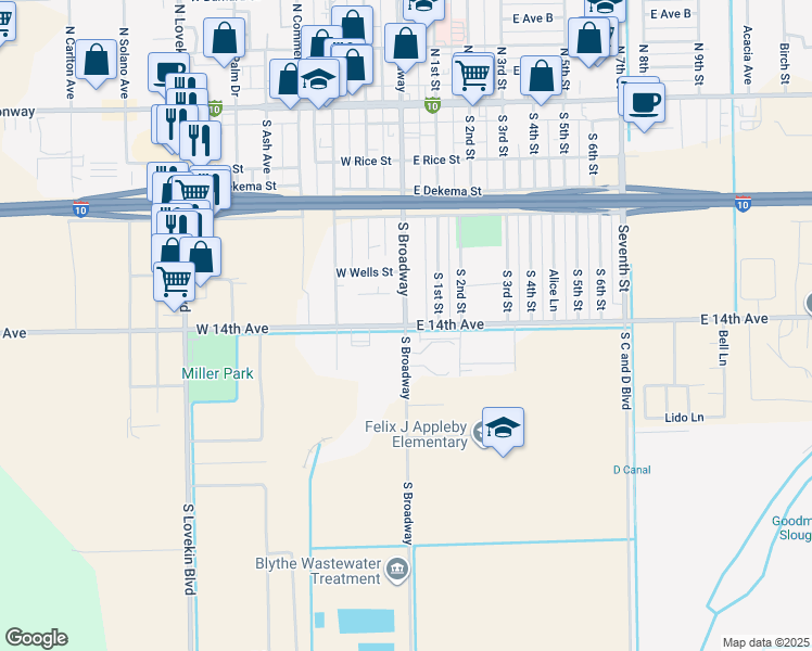 map of restaurants, bars, coffee shops, grocery stores, and more near 2 East 14th Avenue in Blythe