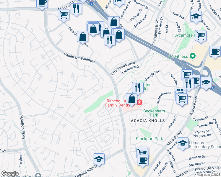 map of restaurants, bars, coffee shops, grocery stores, and more near 170 Avenida Majorca in Laguna Woods